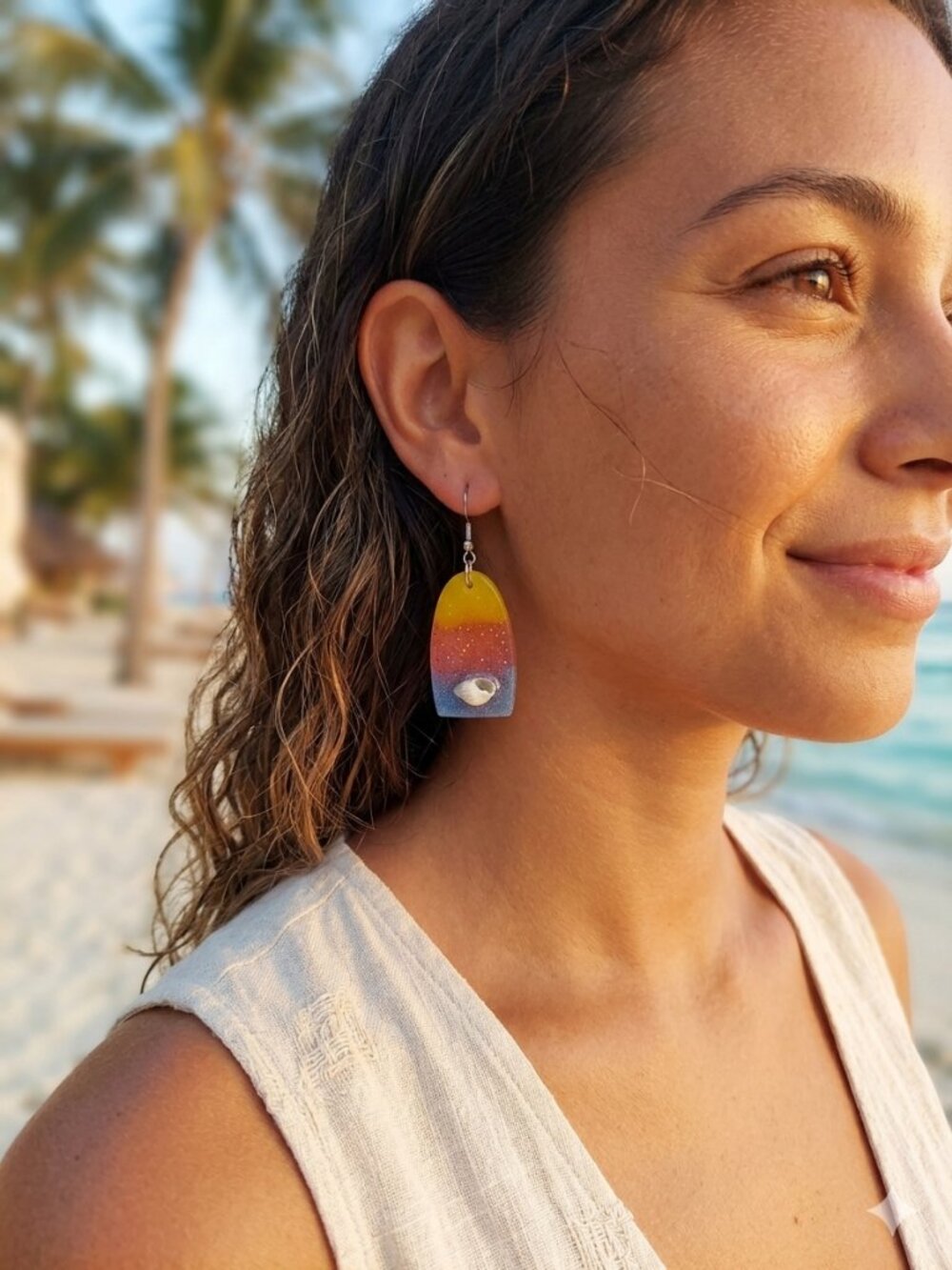 Handmade Sunset Beach Resin Earrings Tiny Shell Accents Coastal Resort